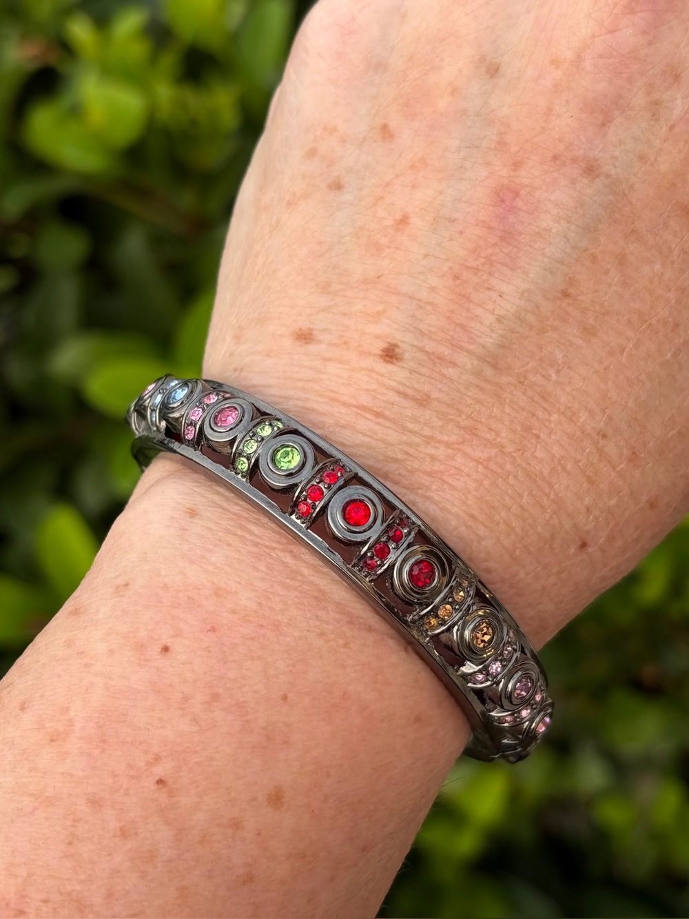 Multicolor Crystal Gunmetal Hinged Bangle Bracelet